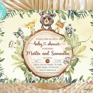 Waldtiere Baby-Dusche-Einladung, junge Waldtiere, digital bedruckbar, Hirsch Fuchs Waschbär Eule, grüne Blätter grün, Corjl bearbeitbar