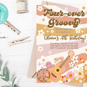 Four ever groovy 4th birthday invitation, 70&#39;s retro hippie daisies peace guitar, girl groovy birthday invite digital printable, corjl.
