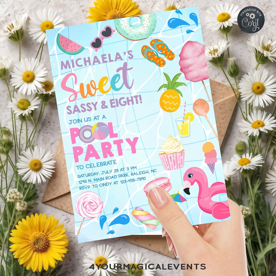 SWEET SASSY & EIGHT Pool Girl Birthday Invitation, Pool Invite