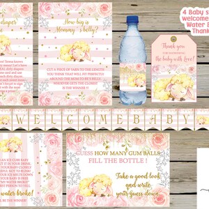 Lamb baby shower games bundle, girl lamb games package, pink flowers gold glitter, girl baby shower games favors welcome baby banner.