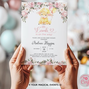 Lamb girl baby shower invitation, girl baby shower invite, lamb balloons pink flowers, digital printable, corjl editable, lamb invitation.