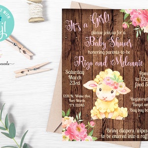 Its a girl lamb baby shower invitation, girl baby shower invite, brown wood, pink flowers, corjl digital printable, girl lamb baby shower.