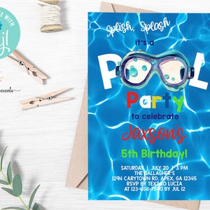 POOL PARTY boy birthday invitation, swimming pool boy birthday invite, summer, blue goggles, digital printable corjl, pool party bash invite