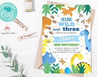 May include: A colorful dinosaur-themed birthday invitation with a blue and yellow banner that says "Young Wild and Three" and "Oliver's 3rd Birthday!" The invitation includes a date, time, address, and RSVP information.