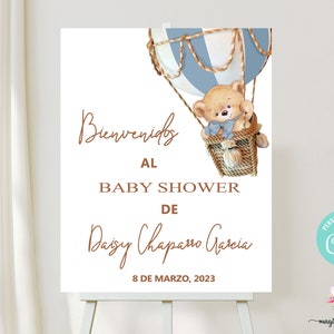 16x20 blue hot air balloon bear boy baby shower welcome sign, spanish/español welcome sign, we can bearly wait baby shower, oso osito corjl.