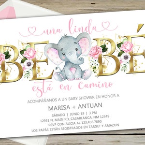 Olifant meisje baby douche uitnodiging, uitnodigen, roze bloemen, gouden letters, digitaal afdrukbaar, corjl bewerkbaar, Spaanse español, es niña, bebe.