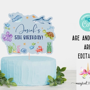 Topo ou peça central de bolo de aniversário de menino Sea / Ocean Life, topo de bolo de aniversário de animais marinhos de menino sob o mar, nome e idade editáveis