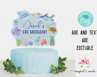 Sea / Ocean Life niño pastel de cumpleaños o pieza central, niño animales marinos cumpleaños bajo el topper del pastel de cumpleaños del mar, nombre y edad editables