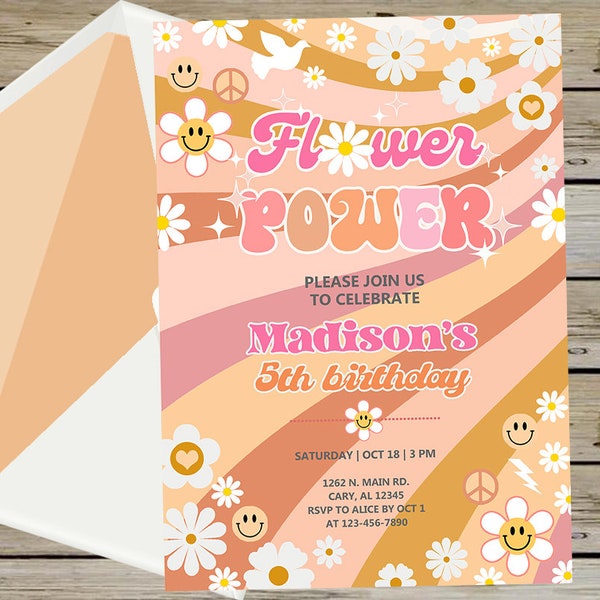 FLOWER POWER Geburtstagseinladung für Mädchen, 70er Jahre retro Gänseblümchen Peace Sparkles Taube, Geburtstagseinladung, digital bedruckbares Corjl, pink orange.