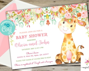 Pink giraffe baby shower invitation, girl baby shower invite, giraffe and flowers, pink giraffe, digital printable download, corjl editable.