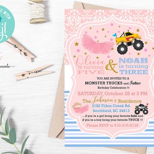 Siblings tutus and monster trucks birthday invitation, boy girl brother sister invite, digital printable, monster truck tutu, corjl editable