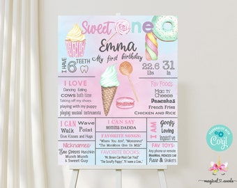 Sweet one girl birthday chalkboard, girl milestones birthday sign, sweet one birthday poster, sweets candy donut ice cream digital printable