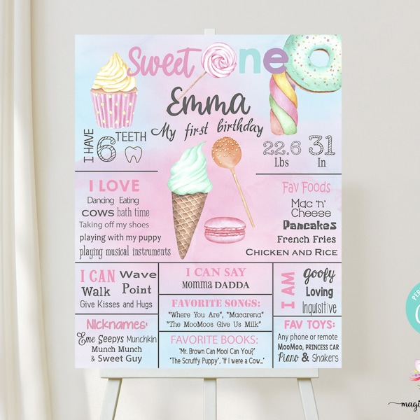 Sweet one girl birthday chalkboard, girl milestones birthday sign, sweet one birthday poster, sweets candy donut ice cream digital printable