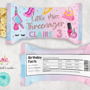 Little Miss Threenager girl 3rd birthday rice snack wrapper, digital printable, birthday favor favors, party supply supplies, three-nager.