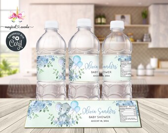 Op de afbeelding: Waterfleslabels met een blauw en groen aquarelontwerp met een babyolifant die ballonnen vasthoudt. De labels zeggen "Olivia Sanders Baby Shower August 18, 2024".