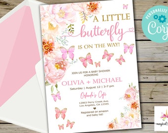 Butterflies summer baby shower invitation, girl baby shower invite, corjl editable, digital printable, pink butterfly baby shower invite.