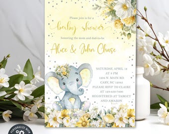 Yellow elephant baby shower invitation, girl elephant baby shower invite, yellow flowers, baby elephant, digital printable corjl editable.
