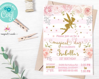 Fairy 1st birthday invitation, girl fairy 1st birthday invite, digital printable, gold fairy, pink flowers, gold glitter, fairy, corjl.