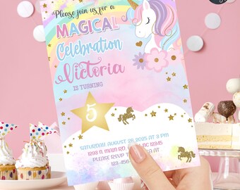 Unicorn and rainbow birthday invitation, girl birthday party invite, digital printable corjl editable, unicorn  stars gold glitter, any age.