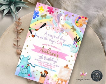 Unicorn and rainbow let's paint birthday invitation, girl birthday party invite, corjl digital printable, unicorn paint art gold glitter.