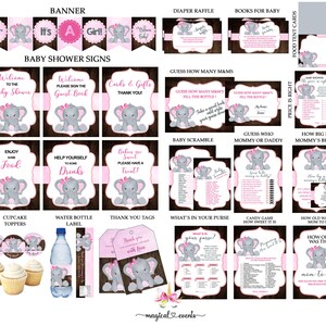 Lot de panneaux et cartes de jeux de baby shower d'éléphant, lot de panneaux et de cartes de jeux d'éléphant fille, lot d'éléphants roses avec un noeud pour les cheveux.