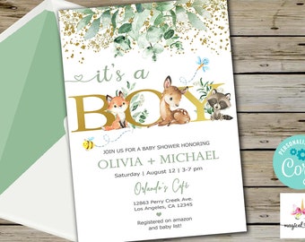 May include: Baby shower invitation with the text "it's a BOY" in gold letters, featuring woodland animals like a fox, deer, and raccoon. The invitation includes event details and is decorated with watercolor foliage.