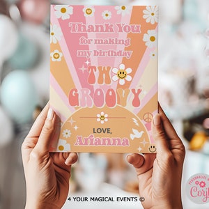 Dois cartões de agradecimentos de aniversário Groovy, menina Dois cartões de agradecimentos de segundo aniversário Groovy, nome editável para impressão digital, cartões de agradecimentos.