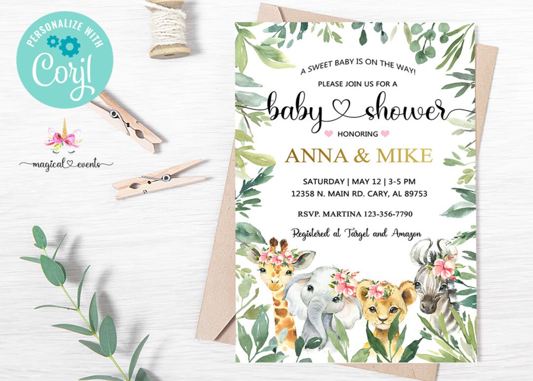 Safari Tiere Baby Shower Einladung, Mädchen Safari Baby Shower Einladung,  Corjl digital druckbar, Elefant Giraffe Löwe Zebra, rosa Blumen. - Etsy  Österreich, image size:1080x771