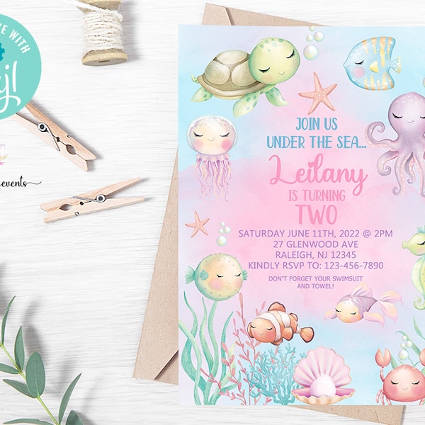 Under the Sea birthday invitation, girl birthday invite under the sea ocean life invite, digital printable, pastel colors sea animals, corjl