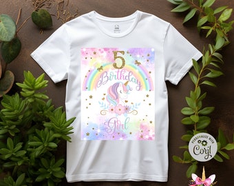 DIGITAL Unicorn girl birthday iron-on transfer, Unicorn birthday girl t-shirt iron on transfer, Any Age, Unicorn rainbow gold stars hearts.