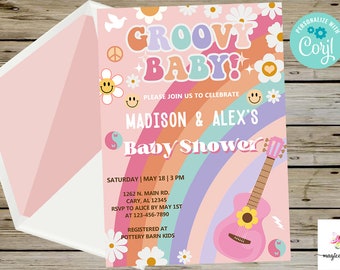 Groovy Baby, baby shower invitation, 70's retro hippie daisies, girl groovy baby shower invite, digital printable, guitar, corjl editable.