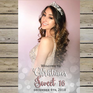 20x30 inches sweet sixteen welcome sign, photo sweet 16 welcome sign, digital printable, silver bokeh, rose gold text, sweet 16 poster.