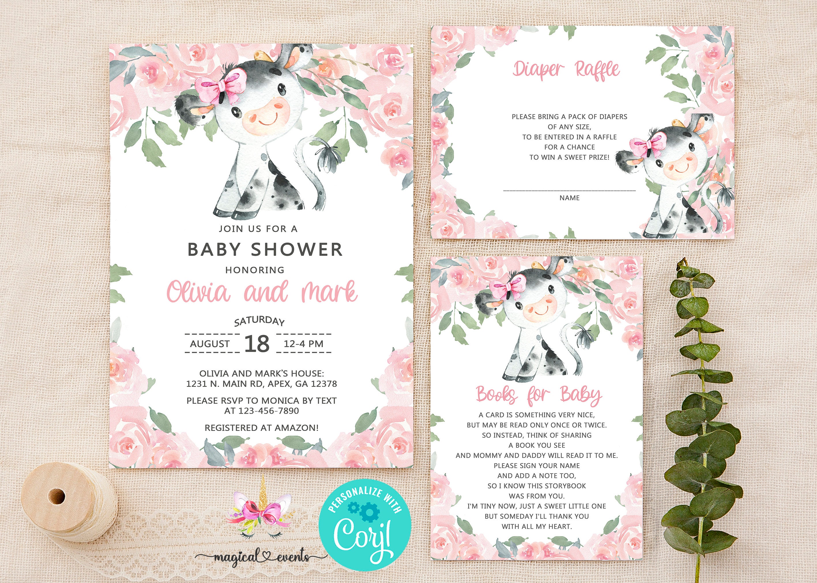 Invitación para baby shower de niña con vaca y lazo rosa, libros para bebé,  sorteo de pañales, imprimible digital, vaca bebé y flores rosas, corjl  editable. - Etsy México, image size:2834x2024