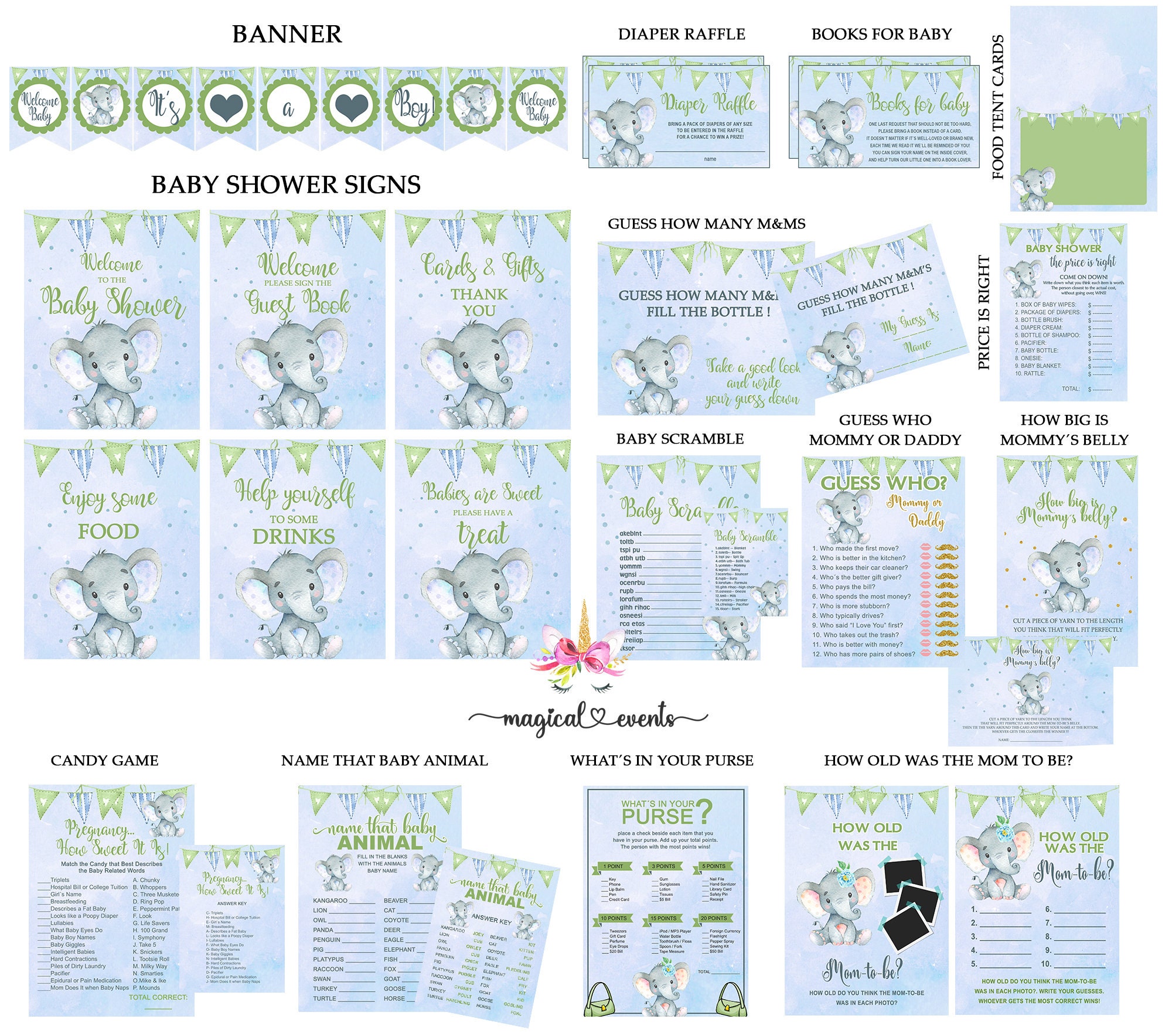51-teiliges „Don’t Say Baby“ Shower-Spiel – Elefanten-Thema, 1 Holzschild & 50 Filz-Halsketten, Blau, Für Babyparty
