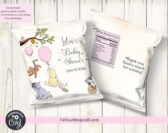 Winnie the Pooh bear girl baby shower gummy bears snack wrapper, party favors favor, digital printable, 3 and 3/4 x 3 and 3/4 inches bag.
