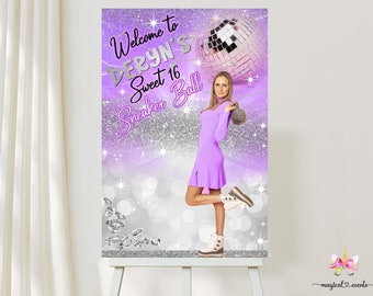 20x30 inches Sweet Sixteen sneaker ball welcome sign, photo sweet 16 welcome sign, customized digital printable, silver glitter purple.