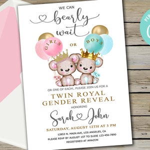 Royal Bears Gender reveal Einladung, Zwillinge royal Gender reveal Einladung, was werden Babys sein, digital druckbar, bearly wait, corjl editable.