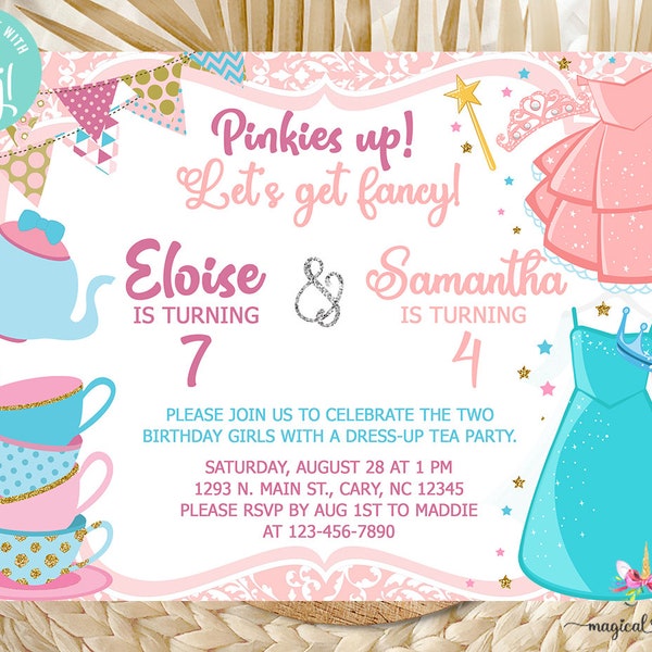 Siblings tea party & dress up birthday invitation, girls sisters, birthday invite corjl digital printable, teacups tea pot, dress up party.