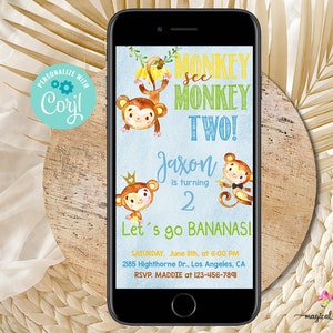 Könnte beinhalten: Eine digitale Einladung in Blau und Gelb für einen zweiten Geburtstag. Die Einladung zeigt eine Affenillustration und den Text "Monkey See Monkey Two!" mit dem Namen des Kindes "Jaxon" und den Partydetails.