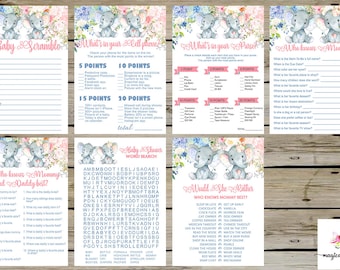 Paquete de juegos de revelación de género de elefantes, paquete de juegos de revelación de género de elefantes, paquete de juegos de revelación de género de elefantes azules y rosas y flores.