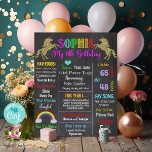 Girl unicorn birthday chalkboard, girl unicorn birthday sign, milestones sign, unicorn birthday, CORJL digital printable, unicorn chalkboard
