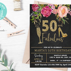 50 und Fabelhafte Geburtstagseinladung, rosa Blumen Goldglitzer einladen, digital bedruckbar, 50.