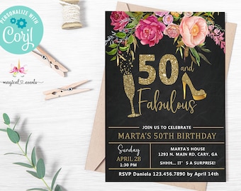 50 and Fabulous Birthday Invitation, Pink Flowers Gold Glitter