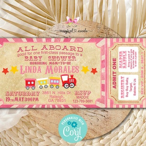 Alle An bord Zugticket Baby Shower Einladung, Mädchen Baby Shower Einladung, Züge, digital druckbar, Mädchen rosa Zugfahrkarte, corjl editierbar.