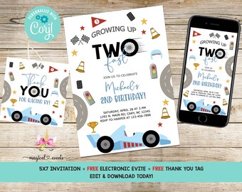 Race car boy birthday invitation bundle, TWO FAST boy 2nd second birthday invite evite and tag, corjl digital printable, Growing Up Two Fast