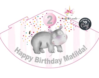 Hippo girl birthday party hat, Hippopotamus girl birthday party favor, favors, customized digital printable, birthday pink hippo party hat.