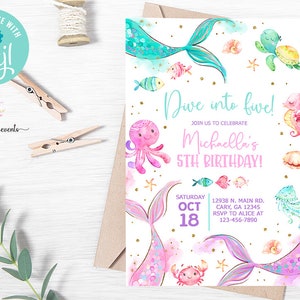 Pastel mermaid tails girl birthday invitation, pool birthday invite, corjl digital printable, dive into five mermaids pool birthday party.