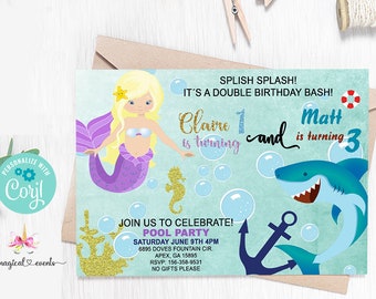 Siblings mermaid and shark birthday invitation, brother sister, corjl birthday invite digital printable, splish splash double bash, blonde.