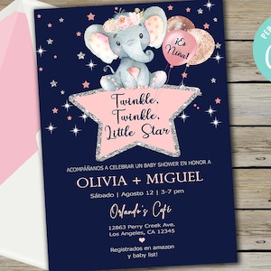 Olifant twinkelen twinkelen kleine ster baby douche uitnodiging, meisje baby douche uitnodigen digitaal afdrukbaar, zilveren sterren Spaans, corjl bewerkbaar