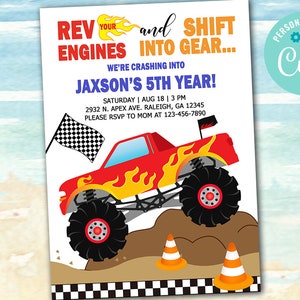Monster trucks boy birthday invitation, monster truck boy birthday invite, digital printable, rev your engines get into gear, corjl editable